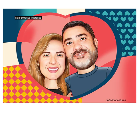 Linda caricatura digital de casal namorados namoro abraçados aniversário festa presente luar príncipe juntinhos crush moderna realista, caprichada rosto normal natura traços perfeitos idênticos, praia