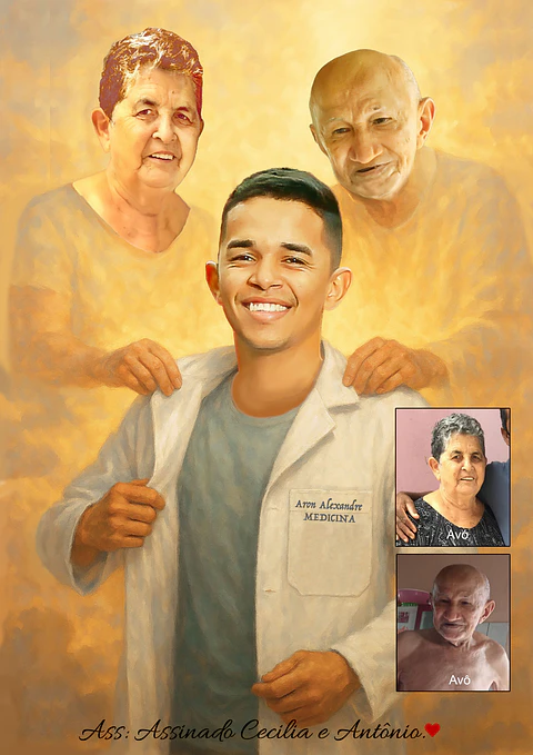 Desenho pintura digital Homenagem avós falecidos para presentear como quadro na cerimônia do Avental faculdade jaléco