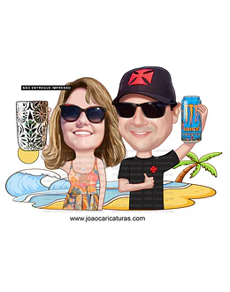 Caricatura de 2 amigos na praia comemorando bebendo aniversário