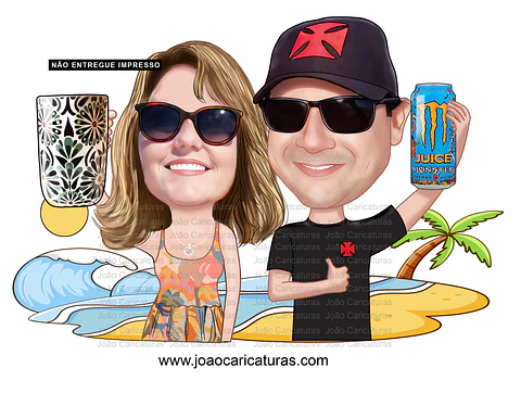 Caricatura de 2 amigos na praia comemorando bebendo aniversário