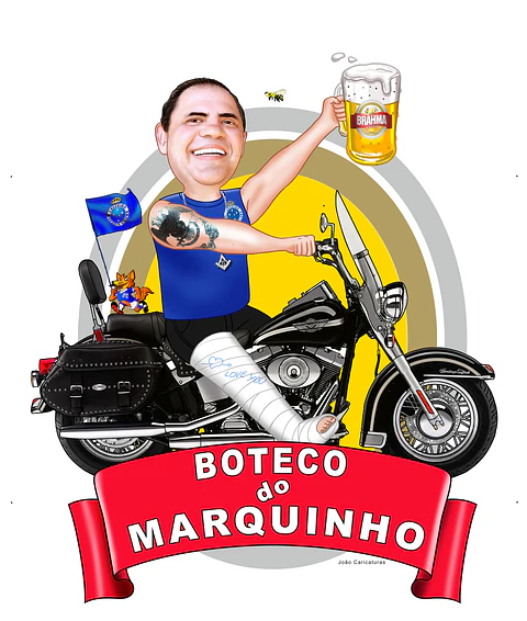 Caricatura aniversariante motoqueiro  motociclista moto grande Harley Davidson comemoração time boteco cerveja cruzeiro
