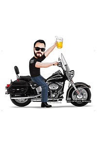 Caricatura aniversariante motoqueiro  motociclista moto grande Harley Davidson comemoração time boteco cerveja cruzeiro