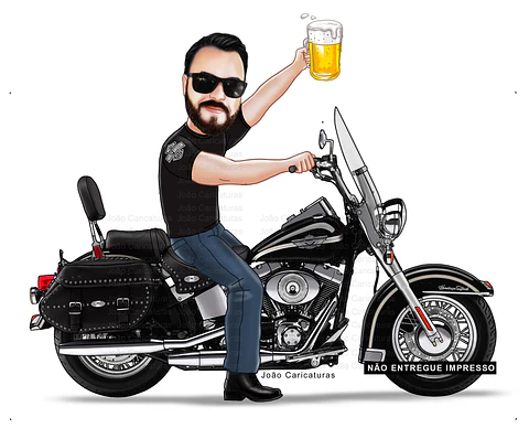 Caricatura aniversariante motoqueiro  motociclista moto grande Harley Davidson comemoração time boteco cerveja cruzeiro