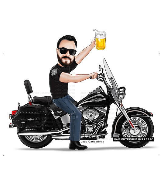 Caricatura aniversariante motoqueiro motociclista moto grande Harley  Davidson comemoração time boteco cerveja cruzeiro