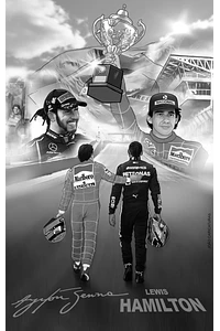 Desenho de Lewis Hamilton e Ayrton Senna Juntos, homenagem, cartaz, ilustração F1, levantando troféu, campeão, ídolo, piloto, carro de corrida, presente para papai para  imprimir , famosos, autódromo