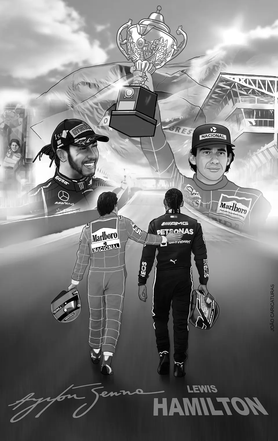 Desenho de Lewis Hamilton e Ayrton Senna Juntos, homenagem, cartaz, ilustração F1, levantando troféu, campeão, ídolo, piloto, carro de corrida, presente para papai para  imprimir , famosos, autódromo 3