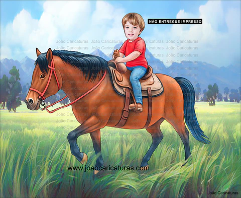 Caricatura do desenho animado Lucky e Spirit ou mesmo menino no cavalo comum personalizada com a sua foto menina ou menino cavalgando cavalo aniversário decoração para banner + 1m