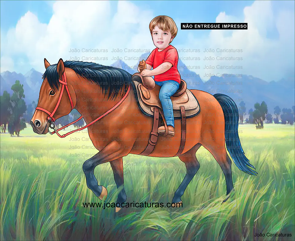 Caricatura do desenho animado Lucky e Spirit ou mesmo menino no cavalo comum personalizada com a sua foto menina ou menino cavalgando cavalo aniversário decoração para banner + 1m 1