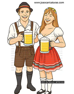 aricatura de casal do Sul com roupas típicas alemã, segurando caneca de chopp Oktoberfest 