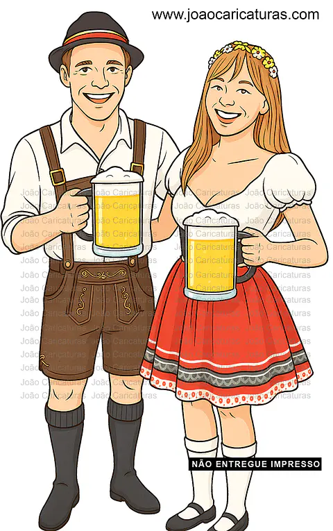 aricatura de casal do Sul com roupas típicas alemã, segurando caneca de chopp Oktoberfest 