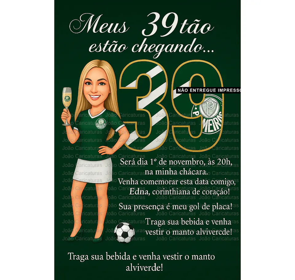 Caricatura mulher torcedora brindando aniversário fluminense palmeiras corinthias time bonita festa comemoração imprimir boteco champanhe  4