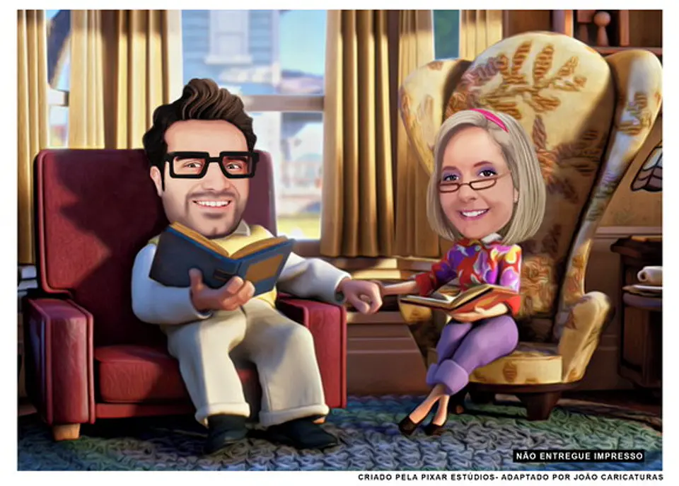 Caricatura Personalizada de Casal Estilo Pixar com Cenário Romântico e Efeito Mágico .Cena do Filme Up Aventuras adaptado com seu rosto, cena personalizada  4