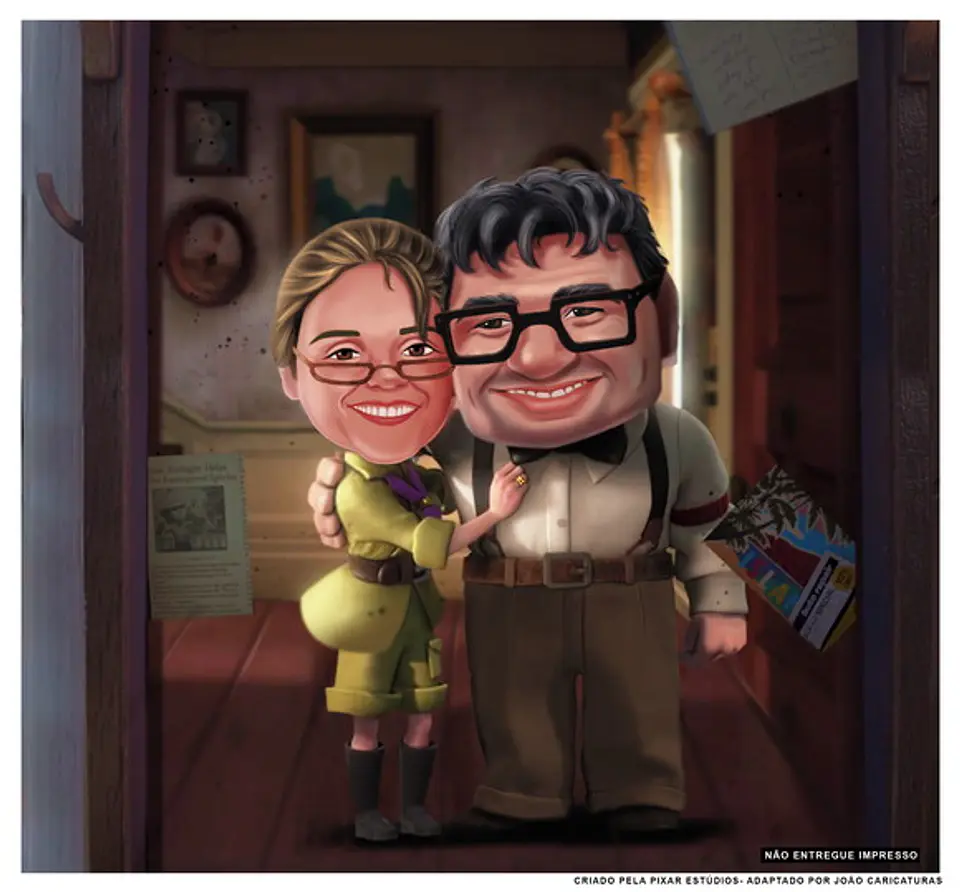 Caricatura Personalizada de Casal Estilo Pixar com Cenário Romântico e Efeito Mágico .Cena do Filme Up Aventuras adaptado com seu rosto, cena personalizada  3