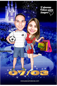 Caricatura digital de casal namorados namoro abraçados aniversário festa presente luar príncipe juntinhos crush moderna realista, caprichada rosto normal natura traços perfeitos vinho Santos 