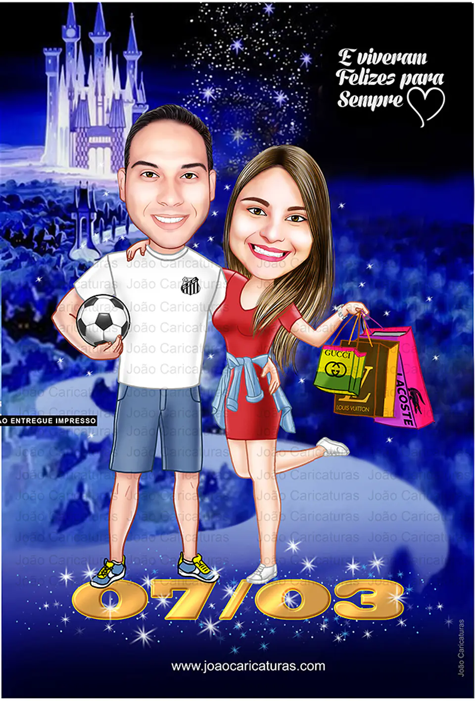 Caricatura digital de casal namorados namoro abraçados aniversário festa presente luar príncipe juntinhos crush moderna realista, caprichada rosto normal natura traços perfeitos vinho Santos  3