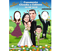 Caricatura banner "EU FUI" família bebe noiva plaquinha acorrentado garoto menino bola casal buque  brindando abraçado convidados para colocar o rosto e tirar fotos de que você foi ao casamento