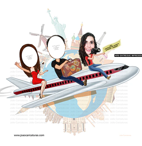 Caricatura para Banner Eu Fui (não impresso) festa de despedida aniversário viagem pontos turisticos países mudança tur avião voô convidados sem rosto 