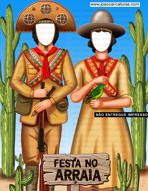 Lindo desenho, enviado por email,  para imprimir, Banner EuFui, casal nordestino, lampião, Maria Bonita, cangaceiro, rei do cangaço, espingarda, chapéu de couro, cactos, sertão, espingarda 