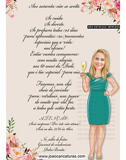 Caricaturas convite aniversário mulher senhora tema floral flores champanhe taça elagante fina convidando rica dama loira requintado moderno sofisticado desenho rosto  linda email  zap30 40 50 60 anos