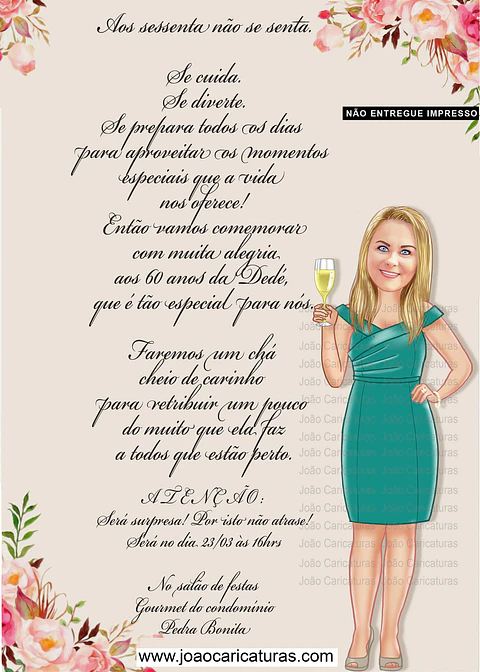 Caricaturas convite aniversário mulher senhora tema floral flores champanhe taça elagante fina convidando rica dama loira requintado moderno sofisticado desenho rosto  linda email  zap30 40 50 60 anos