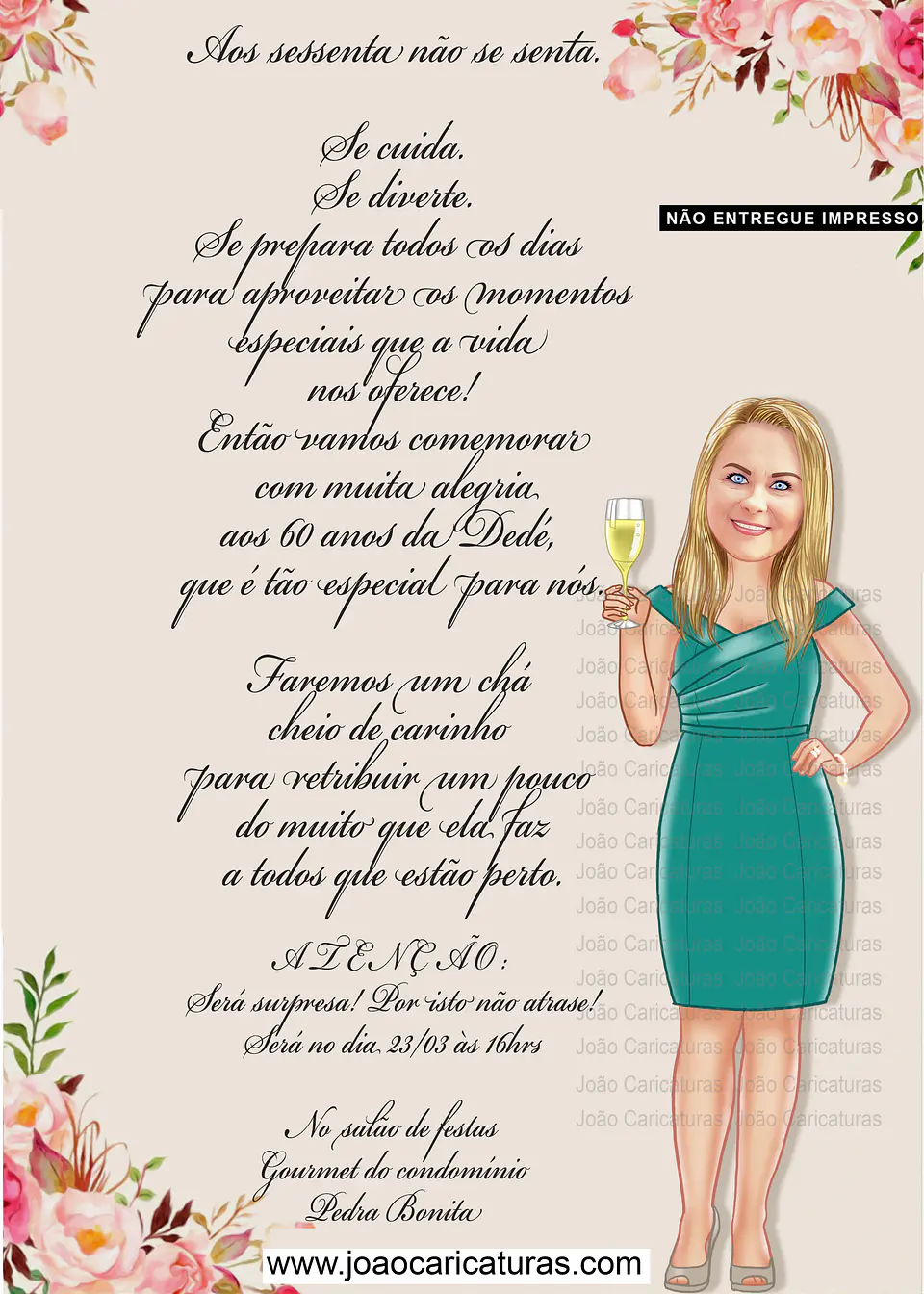 Caricaturas convite aniversário mulher senhora tema floral flores champanhe taça elagante fina convidando rica dama loira requintado moderno sofisticado desenho rosto  linda email  zap30 40 50 60 anos 1
