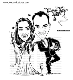 Caricatura casal  traço sem cor corel casamento noivo noiva drone controle remoto vetor vetorial 1 cor  brindando divertida