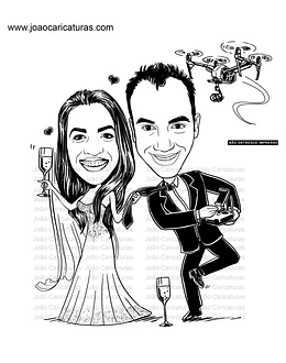 Caricatura casal  traço sem cor corel casamento noivo noiva drone controle remoto vetor vetorial 1 cor  brindando divertida