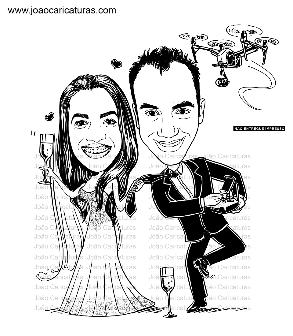 Caricatura casal  traço sem cor corel casamento noivo noiva drone controle remoto vetor vetorial 1 cor  brindando divertida 1