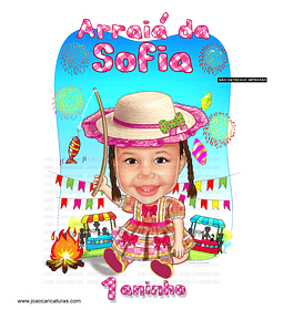 Caricatura  aniversário festa junina balão arraiá fogueira bandeirolas pescando caipirinha menina infantil caipira barraquinha São João 