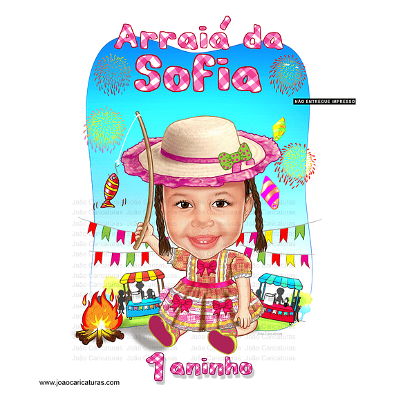 Caricatura  aniversário festa junina balão arraiá fogueira bandeirolas pescando caipirinha menina infantil caipira barraquinha São João 