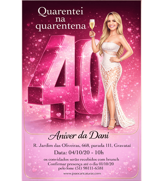 Caricatura Digital Personalizada para Aniversário Feminino 30 40 50 Anos | Convite Festa Tema Boteco Luxo Champanhe