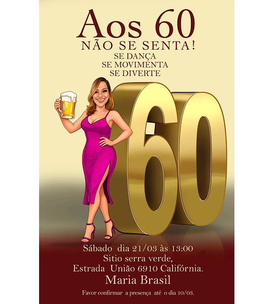 Caricatura Digital Personalizada Mulher | Aniversário 30 40 50 60 Anos | Convite ou Painel Festa