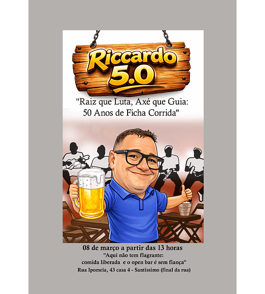 Convite Digital Caricatura 50 Anos(meio século) Masculino Tema Boteco | Aniversário Personalizado com Foto