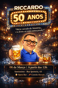 Convite Digital Caricatura 50 Anos(meio século) Masculino Tema Boteco | Aniversário Personalizado com Foto