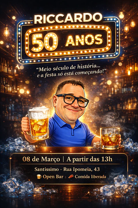 Convite Digital Caricatura 50 Anos(meio século) Masculino Tema Boteco | Aniversário Personalizado com Foto