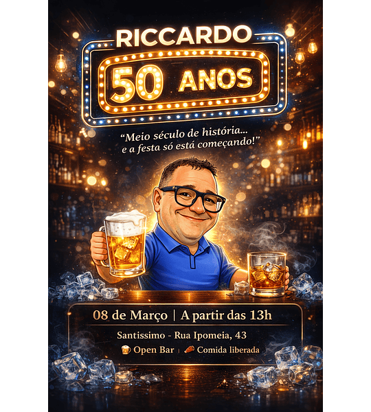 Convite Digital Caricatura 50 Anos(meio século) Masculino Tema Boteco | Aniversário Personalizado com Foto
