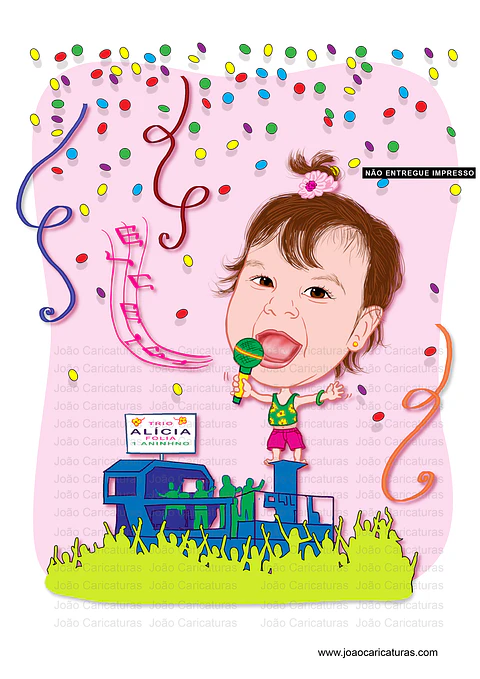 Caricatura de Aniversário Infantil Micareta – Trio Elétrico com Músicos | Tema Carnaval Personalizado