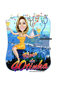 Caricatura de Aniversário Feminina no Trio Elétrico | Tema Micareta Carnaval (20, 30, 40, 50, 60 anos)
