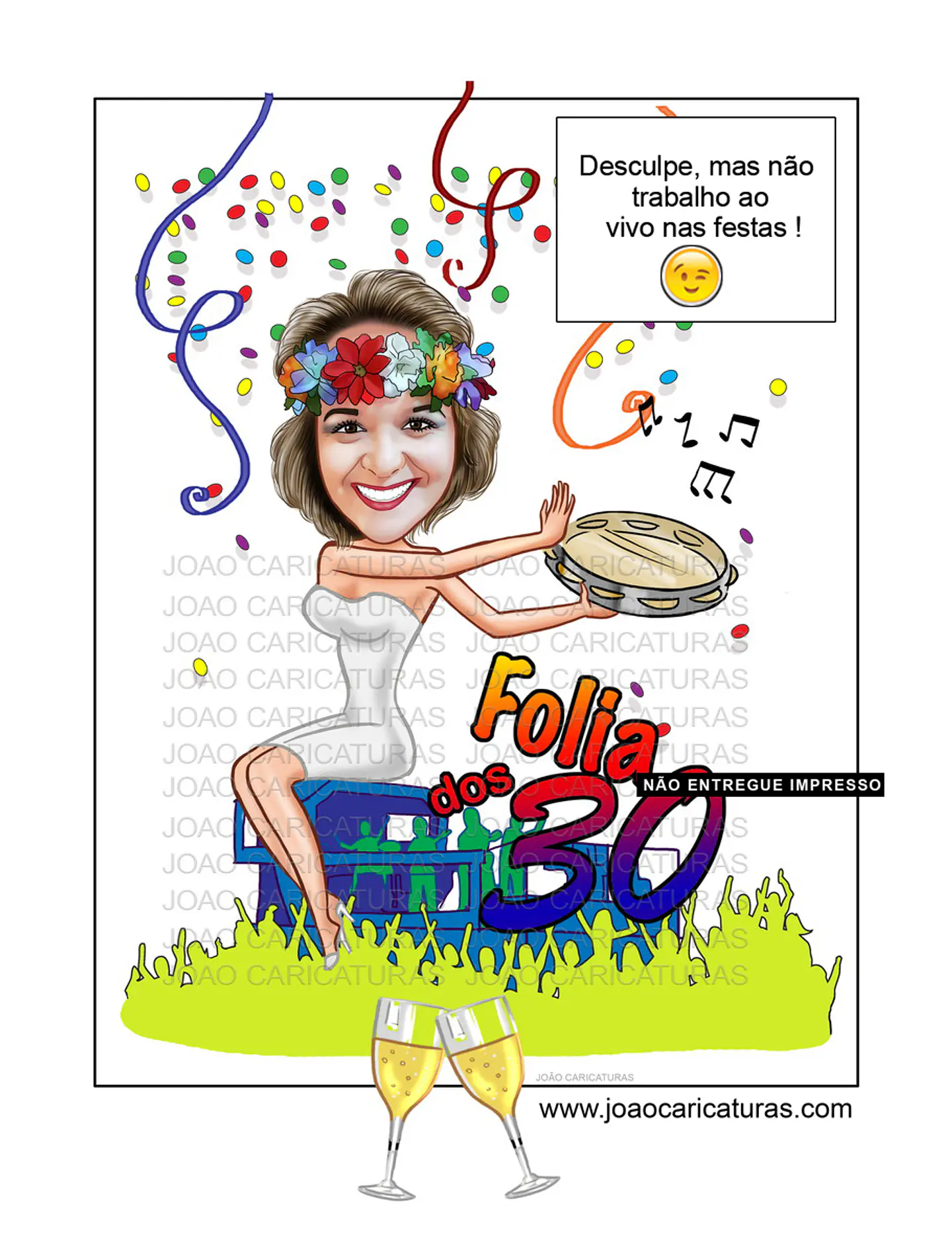Caricatura de Aniversário Feminina no Trio Elétrico | Tema Micareta Carnaval (20, 30, 40, 50, 60 anos) 2