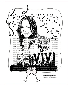 Caricatura de aniversário mulher a traço preto carnaval bloco micareta confetes música banda sem cor
