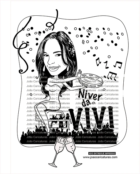 Caricatura de aniversário mulher a traço preto carnaval bloco micareta confetes música banda sem cor