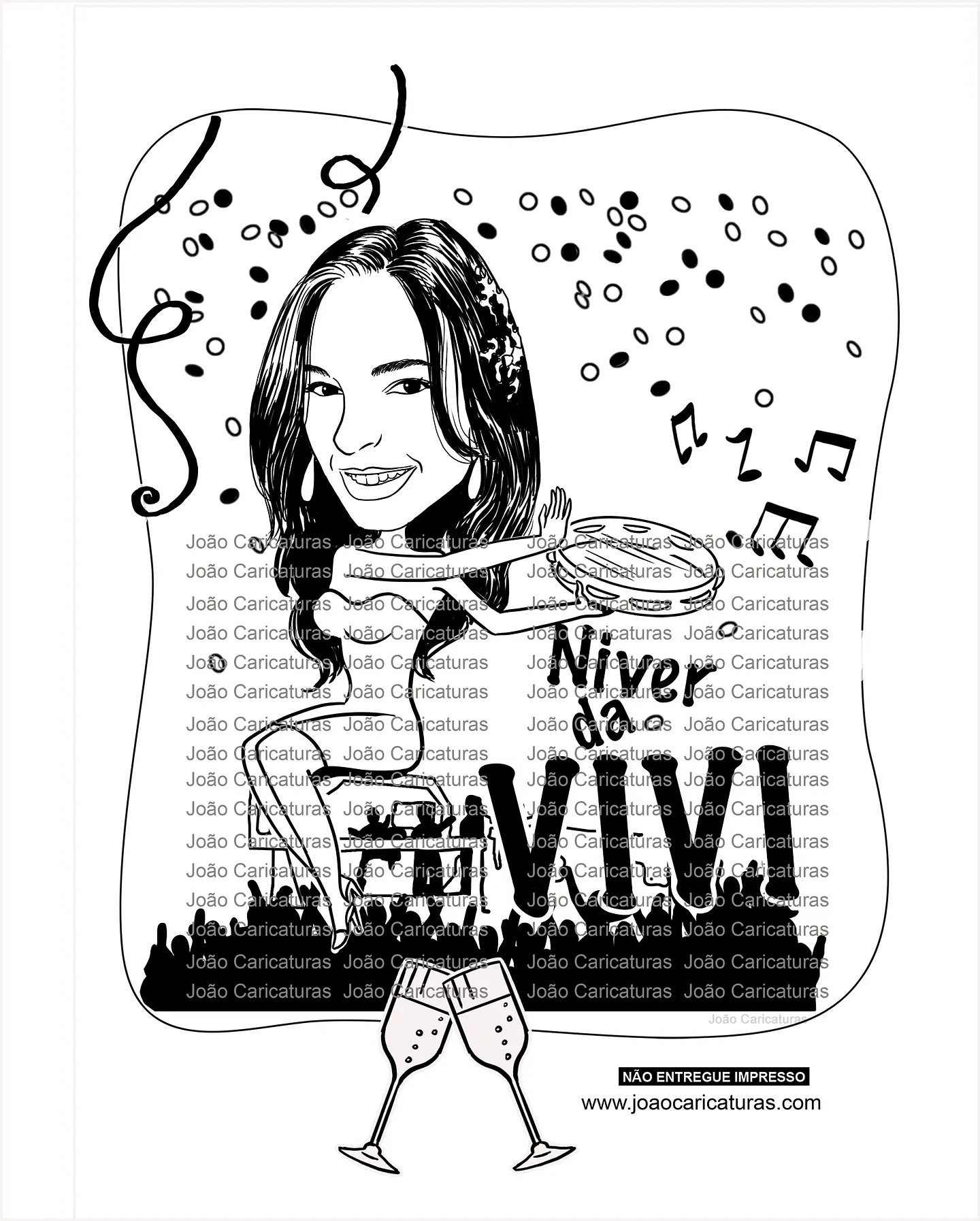 Caricatura de aniversário mulher a traço preto carnaval bloco micareta confetes música banda sem cor 1