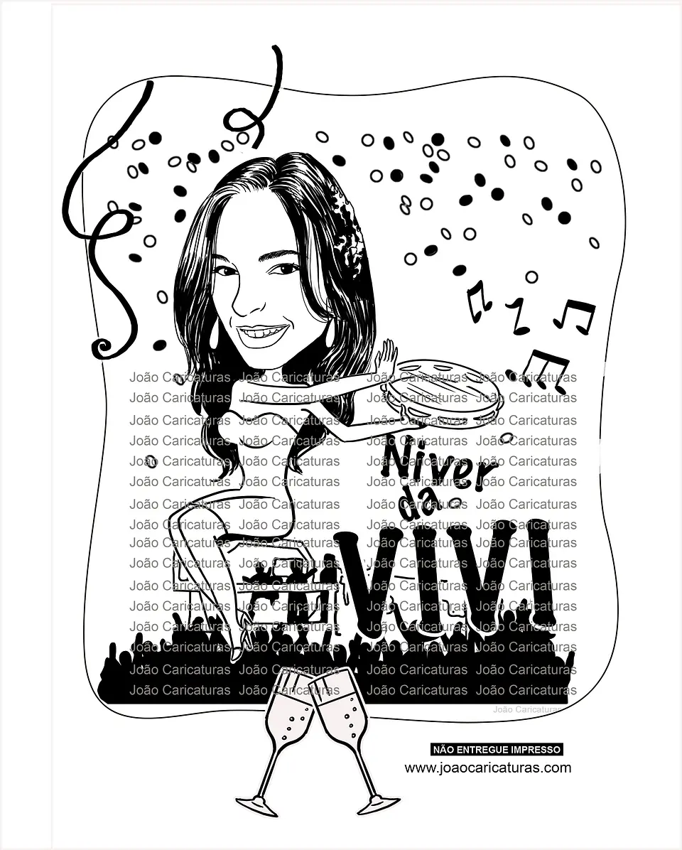Caricatura de aniversário mulher a traço preto carnaval bloco micareta confetes música banda sem cor 1