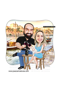 Caricatura digital de casal namorados namoro abraçados aniversário festa presente luar príncipe juntinhos crush moderna realista, caprichada rosto normal natura traços perfeitos vinho Santos 