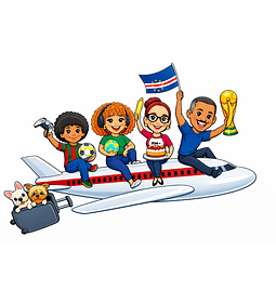 Caricatura Personalizada de Família toda no Avião com Pets e Tema Especial Féria – copa do mundo