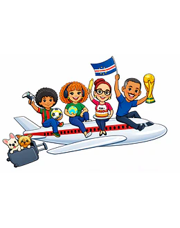 Caricatura Personalizada de Família toda no Avião com Pets e Tema Especial Féria – copa do mundo