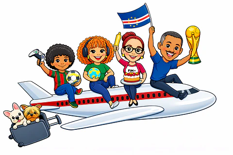 Caricatura Personalizada de Família toda no Avião com Pets e Tema Especial Féria – copa do mundo