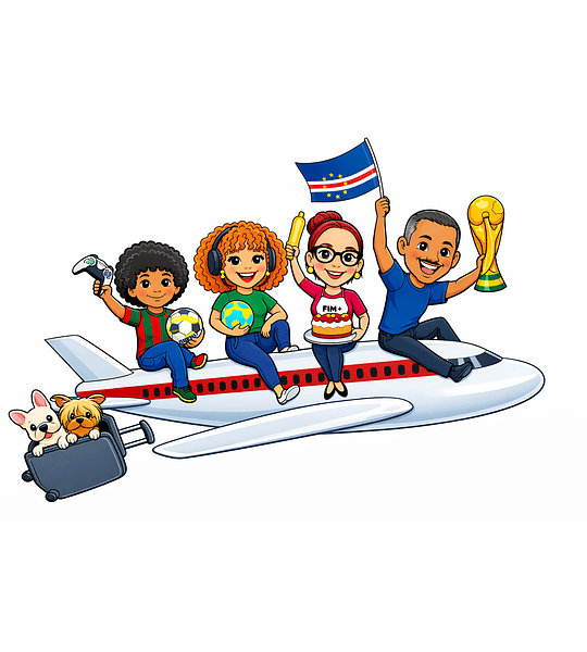 Caricatura Personalizada de Família toda no Avião com Pets e Tema Especial Féria – copa do mundo