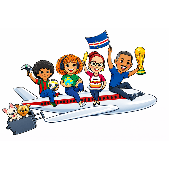 Caricatura Personalizada de Família toda no Avião com Pets e Tema Especial Féria – copa do mundo