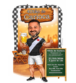 Caricatura realista para convite homem caneca choop  em ambiente de boteco